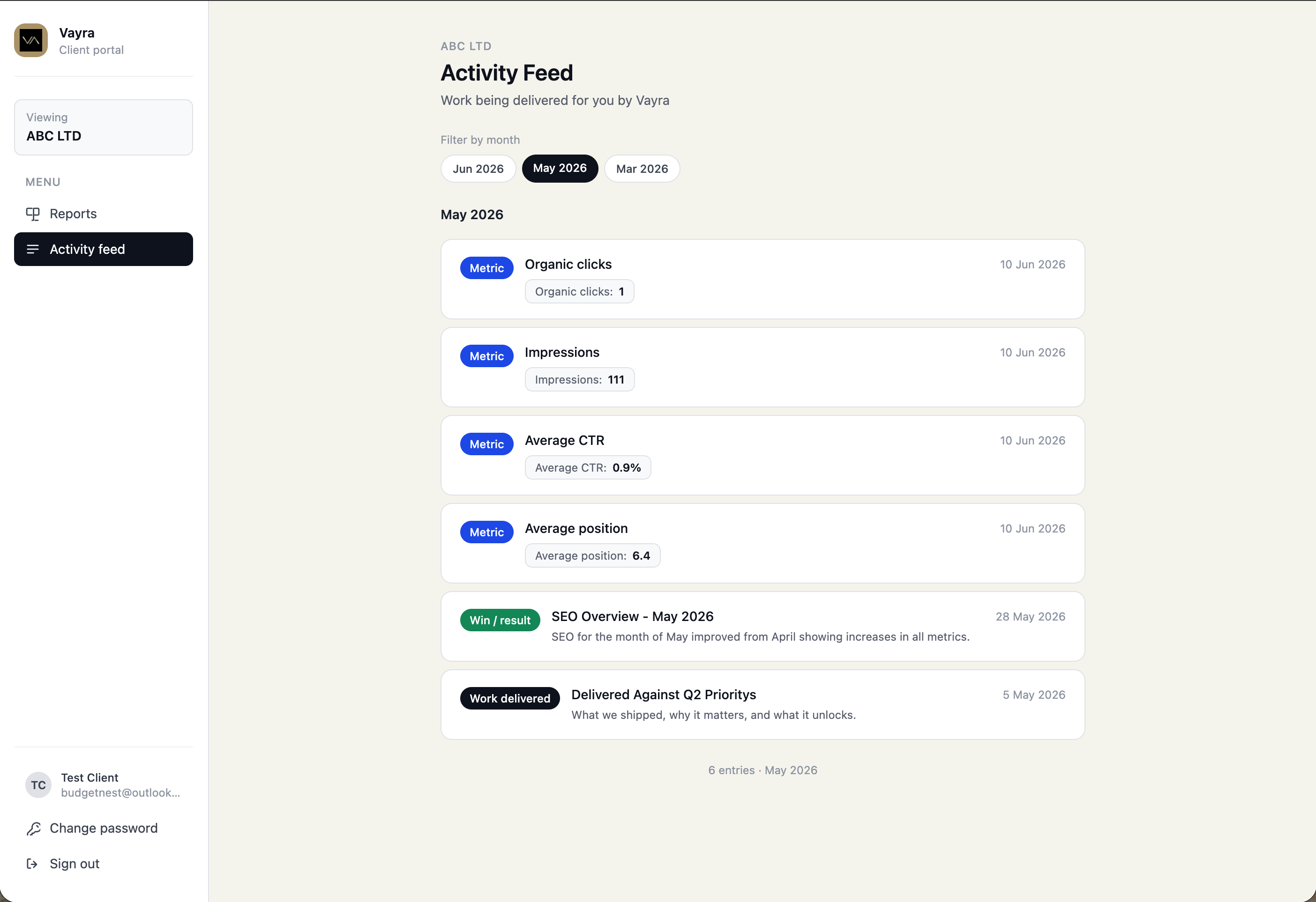 Vayra client portal — live activity feed